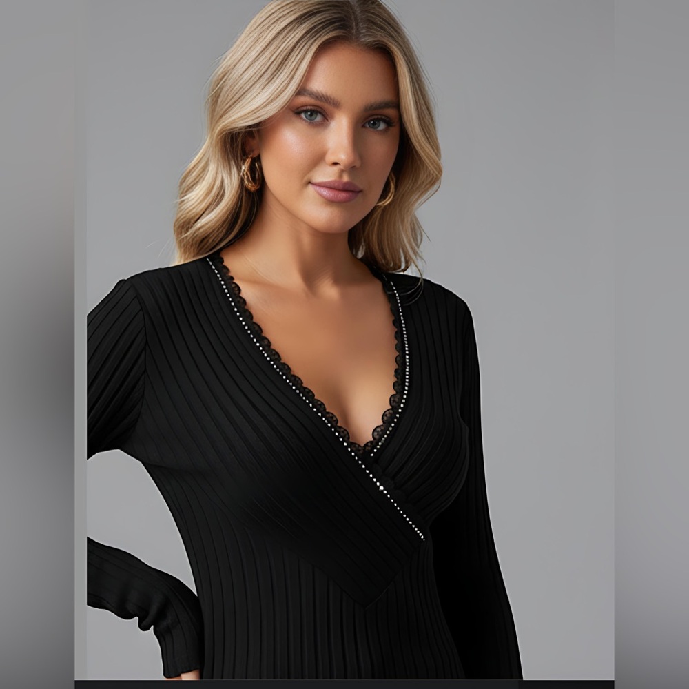 Black Ribbed Long Sleeve Rhinestone Knit - Picture 2 of 9